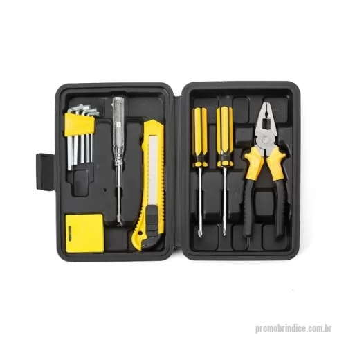 Kit ferramenta personalizado -  Kit ferramenta 11 peças em estojo plástico. Maleta plástica com detalhe retangular no centro frontal e verso com o detalhe na lateral inferior, possui texturização no estojo e uma trava superior. Acompanha: conjunto de 5 chaves Allen, trena de 1 metro, chave teste, estilete, chave Philips, chave de fenda e alicate.