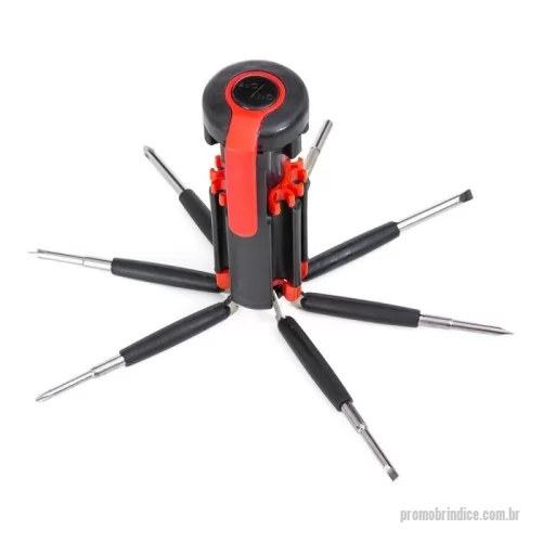 Kit ferramenta personalizado - Kit ferramenta retrátil com 7 chaves e lanterna de 6 Leds. Material plástico, possui 3 chaves Philips; 3 chaves de fenda; chave de ponta dupla sendo um mini Philips e uma mini Fenda em cada extremidade, basta desrosquear as tampas para visualizá-las. Clip vermelho com setas explicativas para abertura do compartimento de pilhas, pressione a localização da seta superior e empurre ao mesmo tempo a parte inferior para remoção, necessita de 3 pilhas AAA(não acompanha). Gravação da logomarca em 1 cor já inclusa.