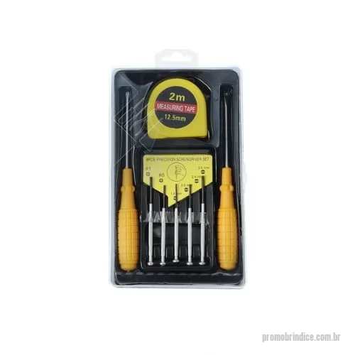 Kit ferramenta personalizado - Descrição: Kit ferramenta 8 peças em estojo plástico com trava de segurança. Contém chave Phillips, trena de 2 metros com trava, conjunto de 5 chaves de precisão e chave de fenda.  Largura :  12,5 cm  Comprimento :  20,3 cm  Espessura :  3 cm  Medidas aproximadas para gravação (CxL):  11 cm x 12 cm  Peso aproximado (g):  228