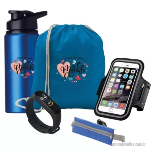 Kit fitness personalizado - Este kit contém:      1 sacola tipo mochila em tecido sustentável (70% algodão reciclado e 30% poliéster reciclado, 140 g/m²), sem tingimento químico e com alças de algodão – 370 x 410 mm      1 squeeze esportiva em alumínio com acabamento fosco e tampa flip top (capacidade de até 660 mL) – 872 x 198 mm      1 pochete em poliéster 210D ripstop com saída para fone de ouvido, zíper e alça ajustável – 250 x 80 mm      1 braçadeira de celular para corrida, cor preta      1 smartwatch modelo Band M4      ________________________________________________________________      * Consulte quantidade mínima     *Confira opções de personalização     *Imagem meramente ilustrativa     *Na falta de algum item, pode ser substituído, sob consulta, por outro de igual valor e qualidade.           Entre em contato, informe o seu CNPJ     Atendimento somente para Empresas