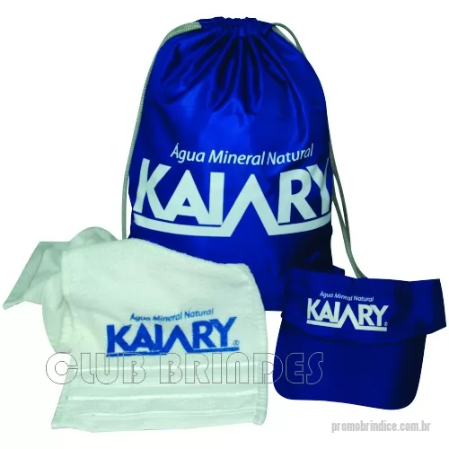 Kit fitness personalizado - Kit Fitness composto por Mochila Saco em Nylon Amassado, Toalha Fitness e viseira com regulador em velcro. Disponível em várias cores. Gravação da logomarca em 1 cor já inclusa.  Tamanho: Mochila Saco - Aprox. 41 X 32 cm.