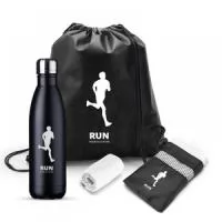 Kit corrida, contém garrafa de metal, toalha e sacochila