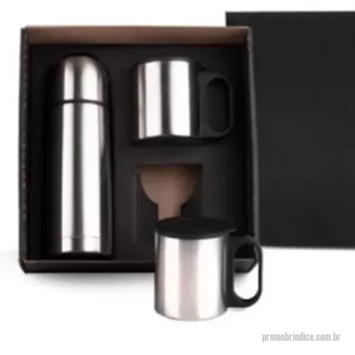 Kit Garrafa com Caneca personalizado - Kit garrafa térmica de 500ml e 2 canecas de alumínio Gravação a laser nas peças e silk na tampa