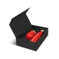 Kit em caixa de papel, garrafa térmica de 500ml e copo térmico de 350ml.