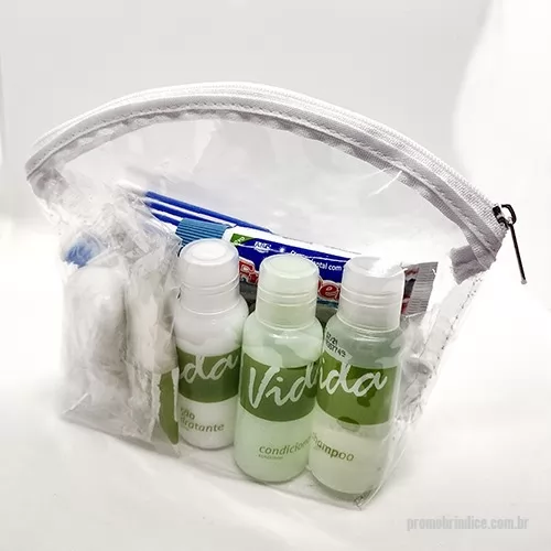 Kit higiene pessoal personalizado - Necessaire transparente de  zíper, com shampoo 25ml, condicionador 25ml, loção hidratante 25mle mini sabonete 15grs (Erva doce) + pente simples + escova com pasta 18grs Freedent +  04 cotonetes + touca de banho