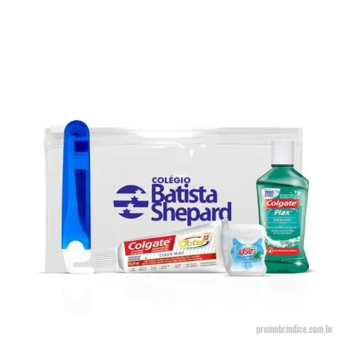 Kit higiene pessoal personalizado - Kit contém: 1 estojo PVC (20 x 10 cm), 1 creme dental Colgate (30g), 1 fio dental (25m), 1 enxaguante bucal Colgate (60 ml) e 1 escova dental Trip Viagem.