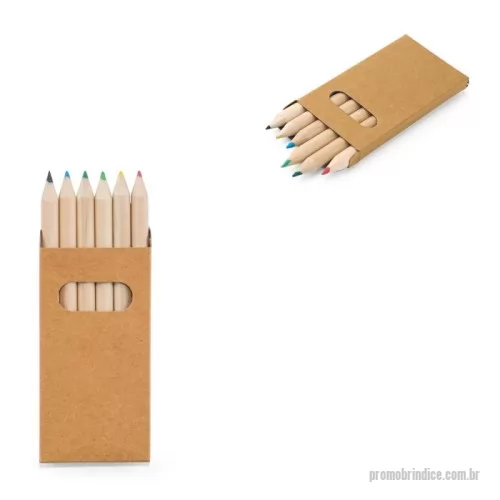 Kit lápis personalizado - Caixa de papel kraft reciclado com 6 mini lápis de cor. Produto certificado de acordo com a portaria Inmetro nº423 de 8/out/2021. 45 x 90 x 9 mm
