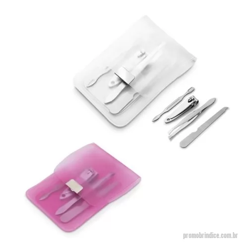 Kit manicure personalizado - Conjunto de 4 peças para manicure em bolsa de PVC. Composto por lixa, pinça, corta unhas e empurra cutículas. Gravação da logomarca em 1 cor já inclusa.