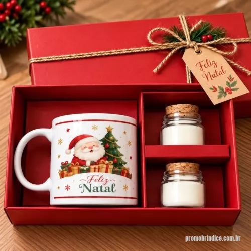 Kit Natal personalizado - O kit contém:  1 CANECA RETA DE CERAMICA SUBLIMÁTICA 325ML 1 VELA TAMPA ROLHA – 30G TAG + SISAL CAIXA CARTONADA MODELO 20X15X9CM