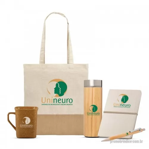 Kit personalizado - Kit Boas vindas/Welcome Kit com 1 Sacola 100% algodão + 1 Garrafa em bambu 400ml + 1 Caneca Ecológica 250ml + 1 Caneta Bambu + 1 Caderneta 14x21cm