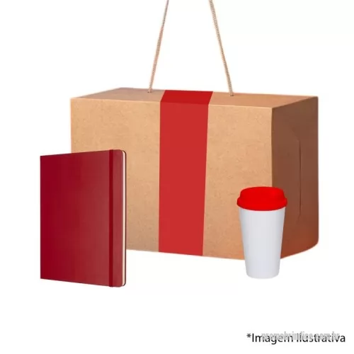 Kit personalizado - 01 Caixa Maleta Personalizada com Tag Adesiva de Final de Ano com alça; Tamanho: 30x20x10. 01 Copo Coffee 350ml Personalizado com mensagem criativa; Personalização 01 cor. 01 Caderneta tipo “Moleskine” Personalizado com layout de motivação. 