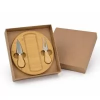 Kit queijo com tábua e acessórios para queijo, em caixa de papel kraft natural