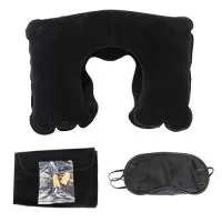  Kit viagem com 3 peças, contém: travesseiro inflável(revestido de veludo), máscara para olhos de cetim(revestido com espuma) e um par de protetor auricular. Acompanha uma nécessaire de veludo para guardar o kit.