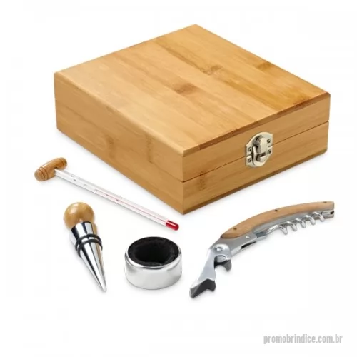 Kit vinho personalizado - Conjunto para vinho. Bambu e zinco. Saca-rolhas com canivete de sommelier, termômetro, rolha e gargantilha