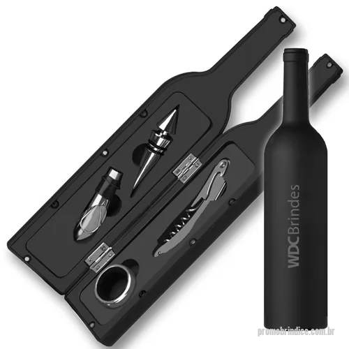 Kit vinho personalizado - Conjunto para vinho com 4 peças, estojo plástico no formato de garrafa. Contendo: anel de gargalo; tampa dosadora; tampa com bico; saca rolhas