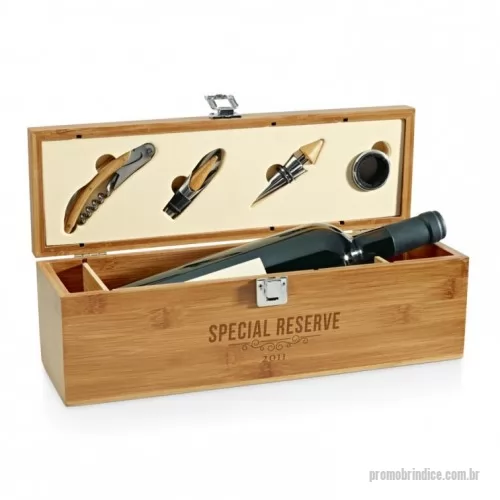 Kit vinho personalizado - Conjunto para vinho. Bambu e zinco. Saca-rolhas com canivete de sommelier, gargantilha, salva-gotas com tampa e rolha. 363 x 112 x 119 mm (NÃO ACOMPANHA VINHO)