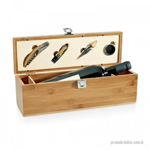 Kit vinho personalizado - Conjunto para vinho em bambu e zinco. Incluso saca-rolhas com canivete de sommelier, gargantilha, salva-gotas com tampa e rolha. 363 x 112 x 119 mm