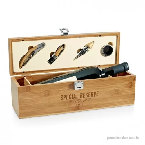 Kit vinho personalizado - Conjunto para vinho em bambu e zinco. Incluso saca-rolhas com canivete de sommelier, gargantilha, salva-gotas com tampa e rolha. 363 x 112 x 119 mm