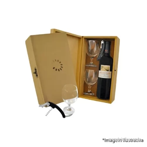 Kit vinho personalizado - Kit Vinho Chileno Personalizado: brinde corporativo sofisticado que fortalece parcerias. Inclui 1 vinho chileno Doncella, 2 taças personalizadas e caixa MDF elegante. Perfeito para celebrar conquistas com exclusividade e bom gosto.
