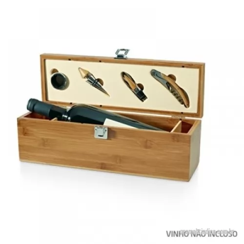 Kit vinho personalizado - Kit caixa para vinho 04 peças, caixa em bambu e zinco, saca-rolhas com canivete de sommelier, gargantilha, salva-gotas com tampa e rolha