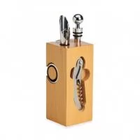 Kit vinho 6 peças em cepo de madeira, contém tampa de bico, bico condutor com tampa, termômetro, dois wine collars e saca rolhas metálico com abridor e lâmina de corte.