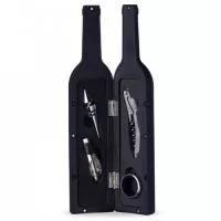 Kit vinho formato garrafa com 4 peças: tampa de bico, bico condutor com tampa, saca-rolhas metálico com lâmina de corte e abridor de garrafa e wine collar. Estojo com fechamento imantado e área interna com berço de espuma.