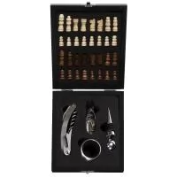 Kit vinho 4 peças em estojo tabuleiro de xadrez. Contém wine collar, tampa de bico, bico condutor com tampa e saca-rolhas metálico com lâmina de corte e abridor de garrafa. Estojo com trava de segurança e área interna com berço de espuma, acompanham 