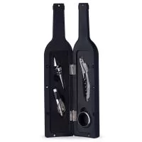 Kit vinho formato garrafa com 4 peças: tampa de bico, bico condutor com tampa, saca-rolhas metálico com lâmina de corte e abridor de garrafa e wine collar. Estojo com fechamento imantado e área interna com berço de espuma.