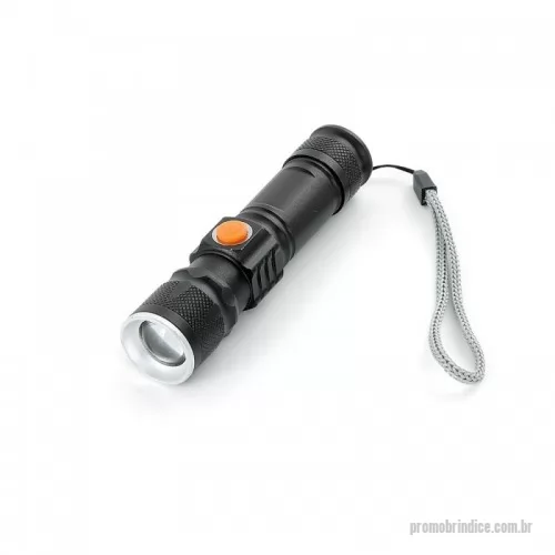 Lanterna recarregável personalizada - Lanterna led recarregável com zoom de regulagem e três estágios de iluminação, material metálico. Acompanha cordão de nylon e cabo USB-V8.