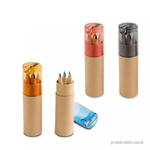 Lápis de cor personalizados - Caixa cilíndrica em cartão com 6 mini lápis de cor. Incluso apontador. 