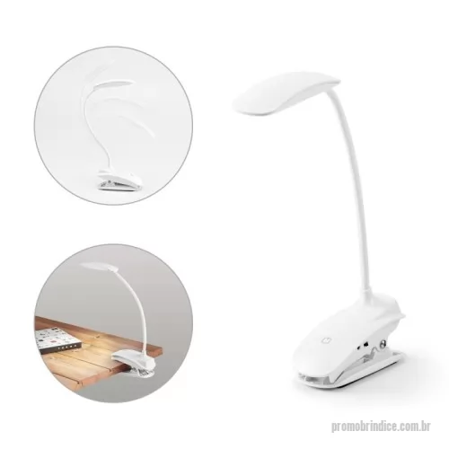 Luminária de Mesa personalizada - Luminária de mesa portátil em ABS e com LED COB. A luminária tem mola, braço flexível e botão tátil com 3 modos de luz (fraco, médio e forte). Autonomia até 20 horas. Incluso cabo USB de 1 metro para carregamento.