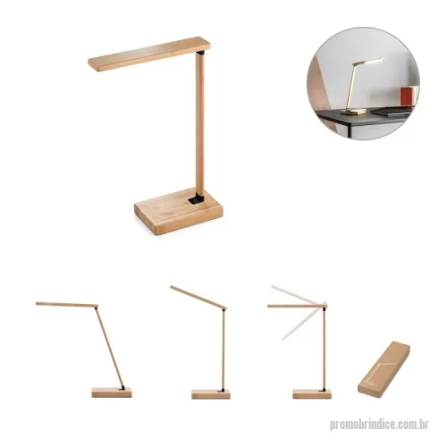 Luminária personalizada - Luminária de mesa dobrável em bambu com carregador por indução (wireless), com 16 LEDS brancos e 9 amarelos. O carregador sem fios é de carregamento super-rápido, tendo uma potência máxima de 15W. Incluso cabo de carregamento USB-C de 1 metro. Fornecido em caixa presente de papel kraft reciclado. A cor e o resultado da impressão nos materiais naturais pode variar entre produtos.