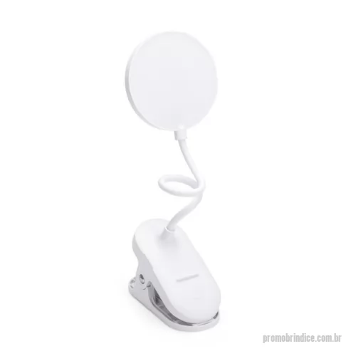 Luminária personalizada - Luminária recarregável com 12 LEDs, sendo 6 de tons quentes e 6 frios. Possui estrutura em plástico ABS e PP, haste flexível em múltiplos ângulos, três níveis de iluminação. Conta com presilha para fixação em superfícies e acionamento por toque na base para a seleção dos modos de iluminação. Acompanha cabo USB-C para recarga.