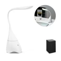 Luminária de mesa com caixa de som em ABS com 18 LEDs de alto brilho, botão tátil e braço flexível. Transmissão sem fios BT v4.2 e ligação stereo 3,5 mm com 5W/4?. Autonomia aproximada 6 horas. Permite a conexão à playlist do dispositivo móvel. Inclu