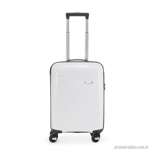 Mala de Bordo personalizada - Mala de bordo 40 litros em plástico (casca dura), contém cadeado numérico TSA. Compartimentos com bolso telado e cinta compressora para roupas. A mala possui duas alças de mão, puxador retrátil com regulagem de tamanho, quatro rodinhas 360º e apoios laterais. Acompanha placa para personalização.