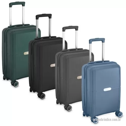 Mala de Bordo personalizada - Mala viagem pequena em Polipropileno com interior em 210D:  Abertura com zíper para acesso ao interior da mala. Forro poliéster; Sistema de carrinho de aço; Cadeado com senha/segredo; Possui cadeado TSA; Alça de mão na parte superior; Quatro rodas de 360 graus;  Acompanha 2 plaquinhas (7,8x2,6 cm) em inox para personalização.