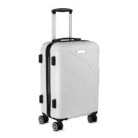 Mala de bordo em plástico ABS e interior em nylon 210D; Abertura frontal com ziper para acesso ao interior da mala; Forro poliéster; Sistema de carrinho de aço; Cadeado com senha/segredo; Alça de mão na lateral e na parte superior; Quatro rodas de 360 graus; Acompanha Plaquinha de metal (5,9x1,9cm) sem personalização. Mala perfurada para aplicação da plaquinha.