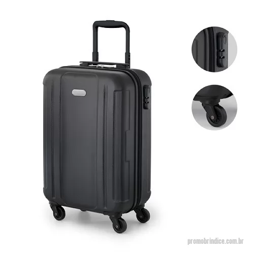 Mala de viagem personalizada - Mala de viagem executivo. ABS. Interior forrado, com divisória. 4 rodas giratórias. Pega extensível em alumínio, com mola (altura da pega estendida até 500 mm). Fecho de segurança com senha. Placa metálica removível com imã, para fácil gravação. Capacidade até 31 L. Peso: 2,25 kg. 355 x 550 x 200 mm | Placa: 50 x 20 mm