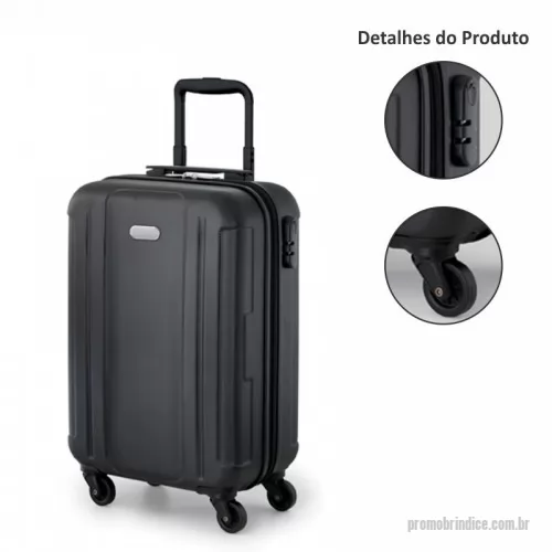 Mala de viagem personalizada - Mala de viagem executivo. ABS. Interior forrado, com divisória. 4 rodas giratórias. Pega extensível em alumínio, com mola (altura da pega estendida até 500 mm). Fecho de segurança com senha. Placa metálica removível com imã, para fácil gravação.  Gravação laser na placa. Excelente opção para eventos corporativos.