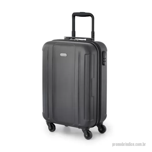 Mala de viagem personalizada - Mala de viagem executivo em ABS com interior forrado, com divisória. Fecho de segurança com senha na lateral, 4 rodas giratórias, pega extensível em alumínio, com mola (altura da pega estendida até 500 mm), e placa metálica removível com imã, para fácil gravação. Mala com capacidade até 31 L e peso de 2,25 kg.
