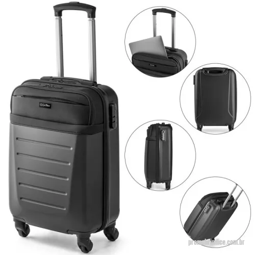 Mala de viagem personalizada - Viaje com estilo e praticidade! ??? Nossa Mala Executiva combina resistência e elegância, fabricada em ABS e 600D, com interior totalmente forrado para maior proteção. Possui fecho de segurança com senha, 4 rodas giratórias para máxima mobilidade e pega extensível em alumínio. Além disso, conta com um compartimento almofadado para notebook de até 15.6”, 2 bolsos frontais para fácil acesso e uma placa metálica removível com ímã para personalização. Com 33L de capacidade e pesando apenas 1,67Kg, é a escolha perfeita para executivos modernos! 