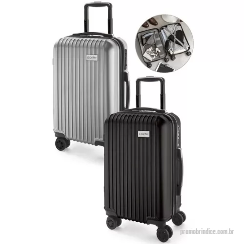 Mala de viagem personalizada - Leve e resistente, a Mala de Viagem Executiva em ABS e PET combina elegância e durabilidade. Com interior forrado e divisória, mantém seus pertences organizados. O fecho de segurança com senha lateral garante tranquilidade, enquanto as 4 rodas duplas giratórias oferecem mobilidade 360°. A pega extensível em alumínio com mola ajustável (até 530 mm) proporciona conforto ao transportar. Ideal para viagens a negócios ou lazer! 