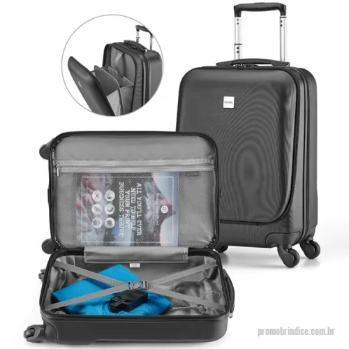 Mala de viagem personalizada - Viaje com conforto e estilo com a Mala Executiva em ABS! Resistente e sofisticada, conta com compartimento frontal para notebook de até 17”, garantindo fácil acesso aos seus dispositivos. Seu interior forrado protege seus pertences, enquanto as 4 rodas giratórias e a pega extensível em alumínio com mola (até 480 mm) proporcionam mobilidade ágil e sem esforço. Perfeita para executivos e viajantes exigentes! 