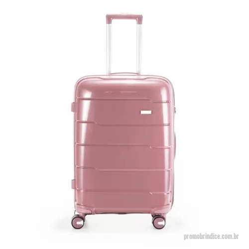 Mala de viagem personalizada - Mala de viagem 64 litros em plástico (casca dura), contém cadeado numérico TSA. Compartimentos com bolso telado e cinta compressora para roupas. A mala possui duas alças de mão, puxador retrátil com regulagem de tamanho, quatro rodinhas 360º e apoios laterais. Acompanha placa para personalização.