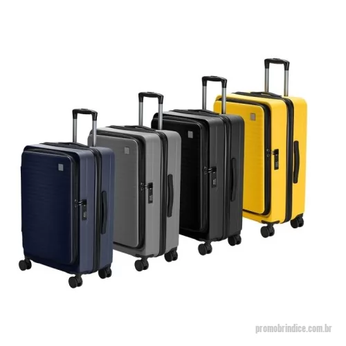 Mala de viagem personalizada - Mala de 49 litros, resistente e funcional! Produzida em plástico ABS, conta com cadeado numérico TSA embutido para mais segurança. Seu design inteligente traz abertura frontal com divisórias internas de zíperes e cinta compressora para roupas. Precisa de mais espaço? O zíper externo expansível se encarrega de ampliar a capacidade da mala. Para facilitar o transporte, possui puxador retrátil de 3 estágios, duas alças de mão, apoios e ganchos laterais e rodinhas 360º, proporcionando mobilidade total. Acompanha plaquinha metálica grafite personalizável.