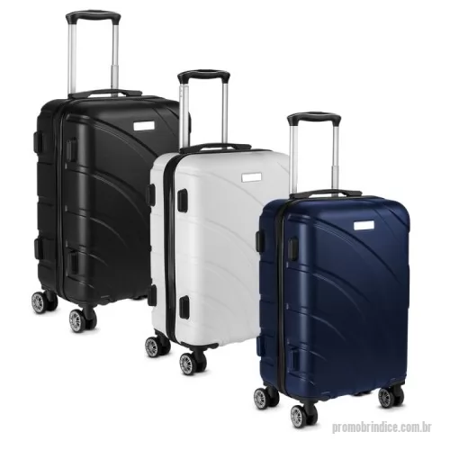 Mala de viagem personalizada - Mala de bordo em plástico abs; abertura frontal com ziper para acesso ao interior da mala; forro poliéster; sistema de carrinho de aço; alça de mão na lateral e na parte superior; quatro rodas de 360 graus; acompanha plaquinha de metal sem personalização. Mala perfurada para aplicação da plaquinha.