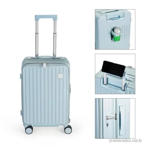 Mala de viagem personalizada - Mala de viagem com capacidade máxima de 38 litros. Feita em policarbonato (PC), possui compartimento principal com dois bolsos em tamanhos diferentes, um deles em tela de malha, além de cinta compressora no lado oposto. Conta ainda de compartimento frontal com três bolsos em tamanhos variados e plaquinha metálica personalizável na parte externa. Apresenta quatro pares de rodinhas com giro 360 graus, cadeado numérico TSA, hastes metálicas com dois níveis de elevação ajustáveis e suporte retrátil para celular no puxador plástico. Dispõe de mais duas alças de mão, uma delas localizada na lateral para permitir o transporte na horizontal, quatro apoios laterais e suporte para copo ou garrafa na parte posterior. Gravação da logomarca a laser já incluso.