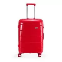 Mala de viagem 66 litros em plástico PP (casca dura), contém cadeado numérico TSA. Compartimentos com bolso telado e cinta compressora para roupas. A mala possui duas alças de mão, puxador retrátil com regulagem de tamanho, quatro rodinhas 360º e apoios laterais. Acompanha placa para personalização