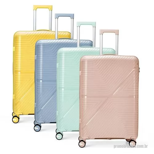Mala personalizada - Projetada para oferecer praticidade e conforto, esta mala une o plástico resistente a um design exclusivo. Perfeita para qualquer viagem, ela apresenta um interior inteligente com divisória equipada com bolso em tela e cinta compressora, garantindo o