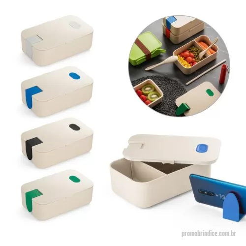 Marmita personalizada - Marmita hermética em fibra de bambu (60%) e PP (40%) com um compartimento com capacidade até 1 L. Contém suporte para celular. Apto para micro-ondas (retirar a tampa). Certificação EU Food Grade. 195 x 114 x 60 mm